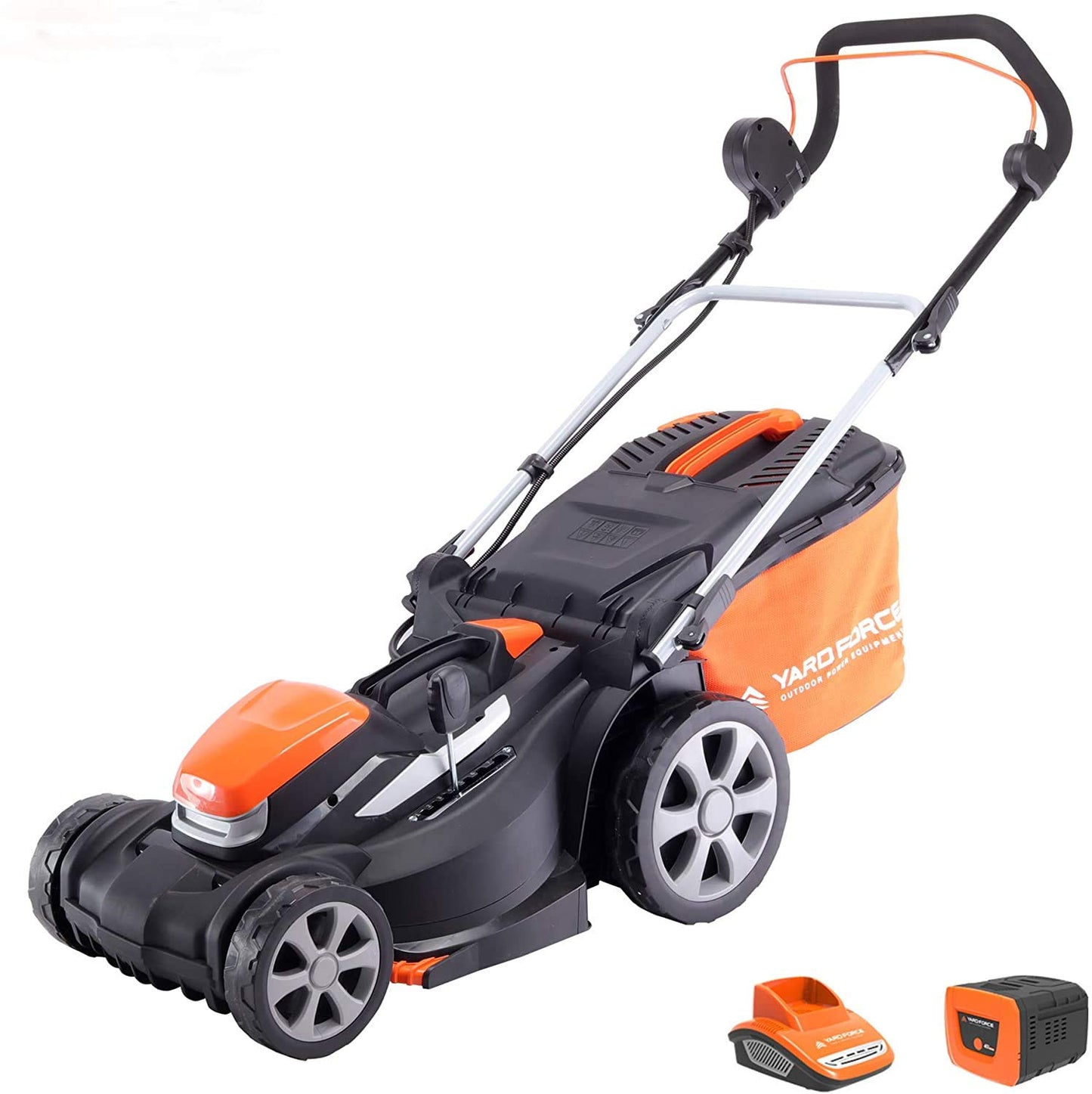 - Yard Force 40V 37cm Cordless Lawnmower with lithium ion battery & quick charger LM G37A - GR 40 range, Black/Orange