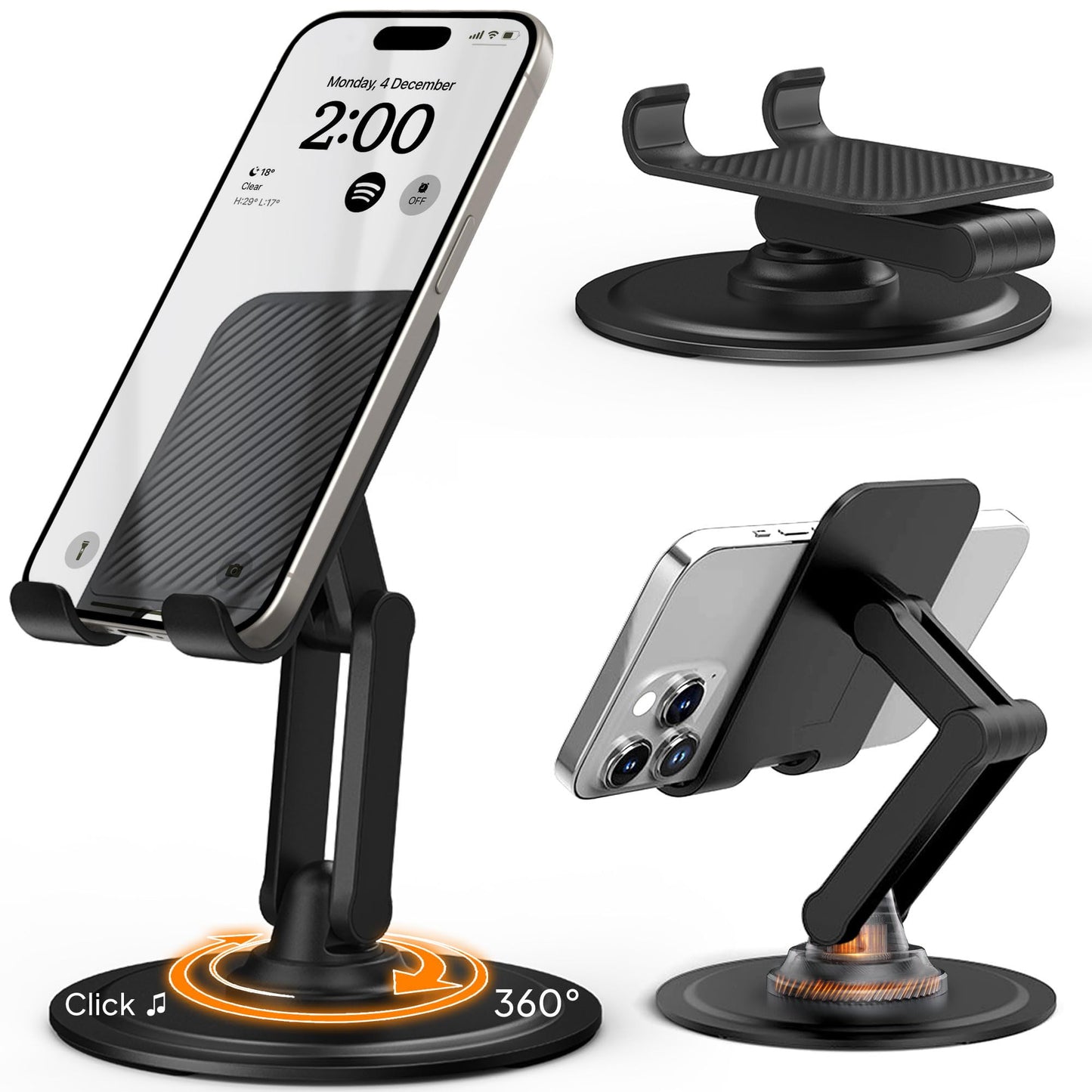 Cooper 360° Stand - Adjustable Mobile Phone Stand for Desk | 360° Click-Rotating Mobile Phone Holder for Desk, Multi-Angle, Non-Slip Metal Base | iPhone Stand Desk, iPhone Holder Filming (Piano Black)