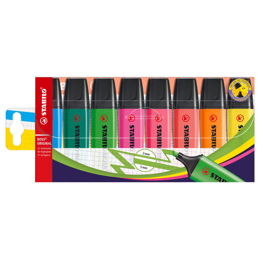 - Highlighter | STABILO BOSS ORIGINAL | Pack of 8 | Assorted colours -