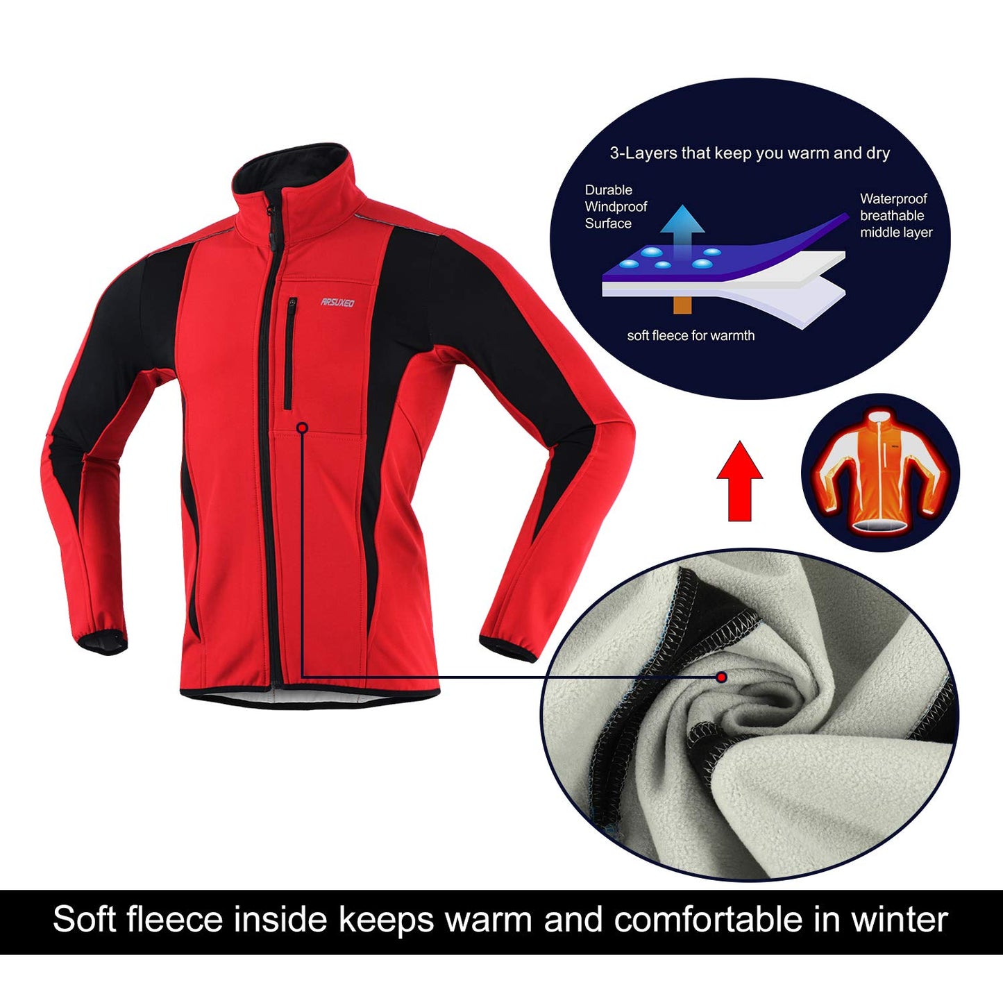 ARSUXEO Cycling Jacket Mens Waterproof Windproof Softshell Winter Thermal Breathable Bike Outerwear 15K Red Size Large