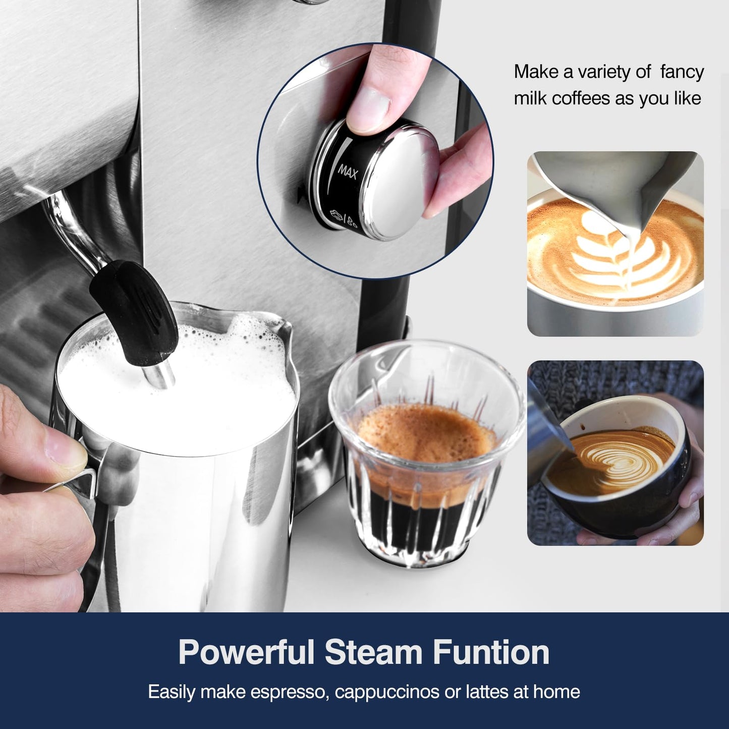 AMZCHEF 20 Bar Espresso Coffee Machines with LCD Panel and Steam Milk Frother, Compact Cappuccino and Latte Machine, All In One Coffee Machine for Home Use with 1.3L Removable Water Tank, 2 Filters