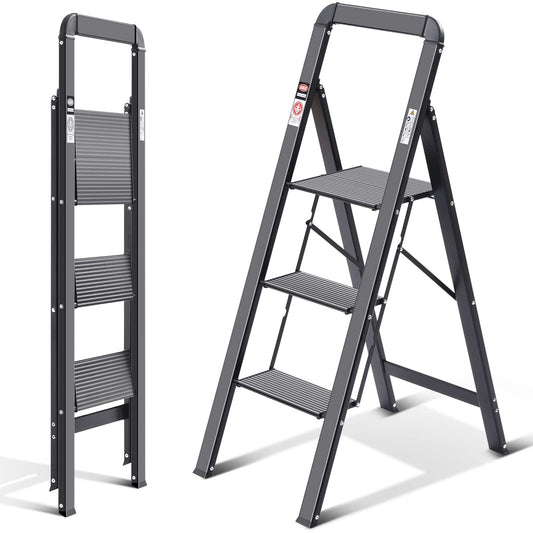 - KINGRACK 3 Step Ladder With Handrail | Non-Slip Household Ladder With Folding Safety -