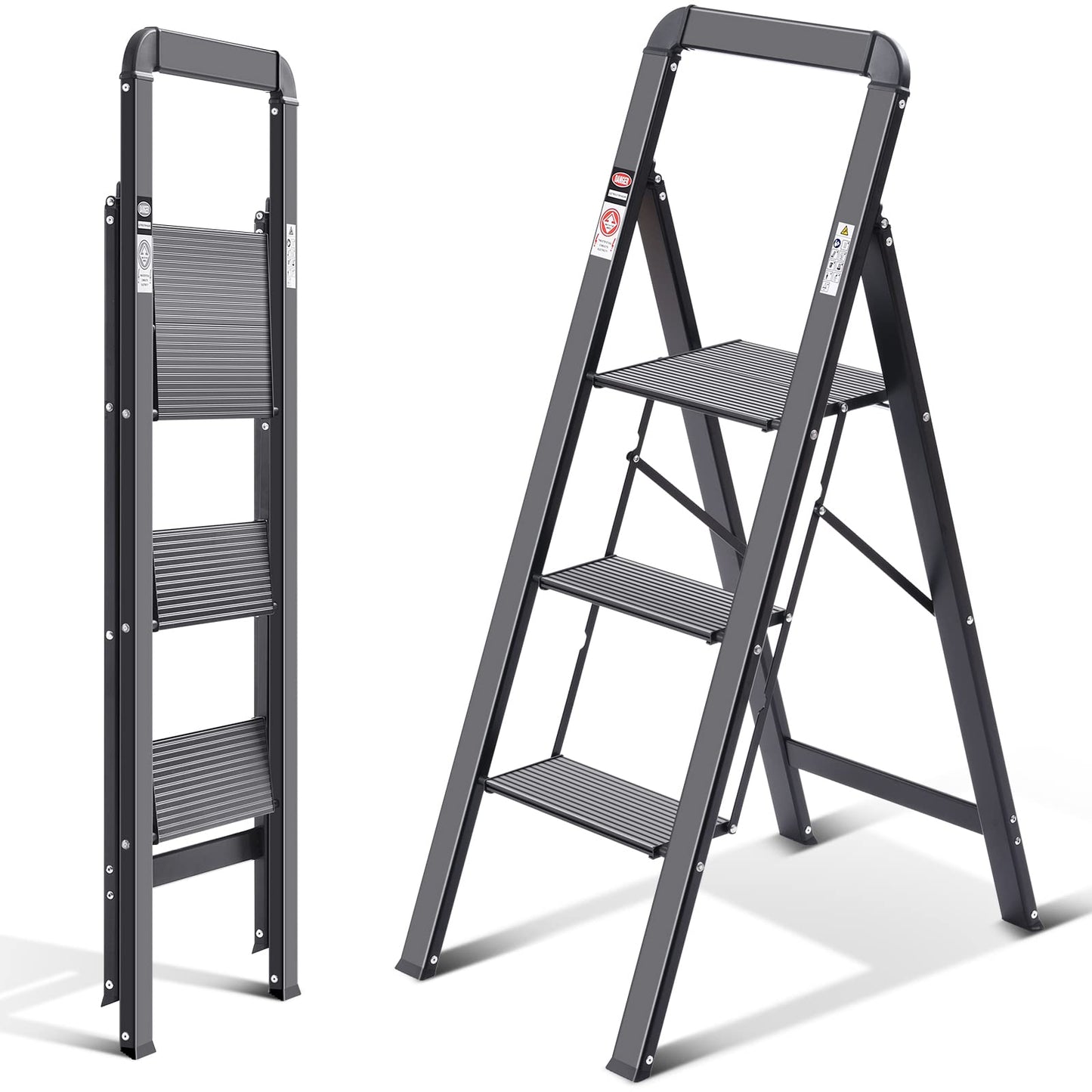 - KINGRACK 3 Step Ladder With Handrail | Non-Slip Household Ladder With Folding Safety -