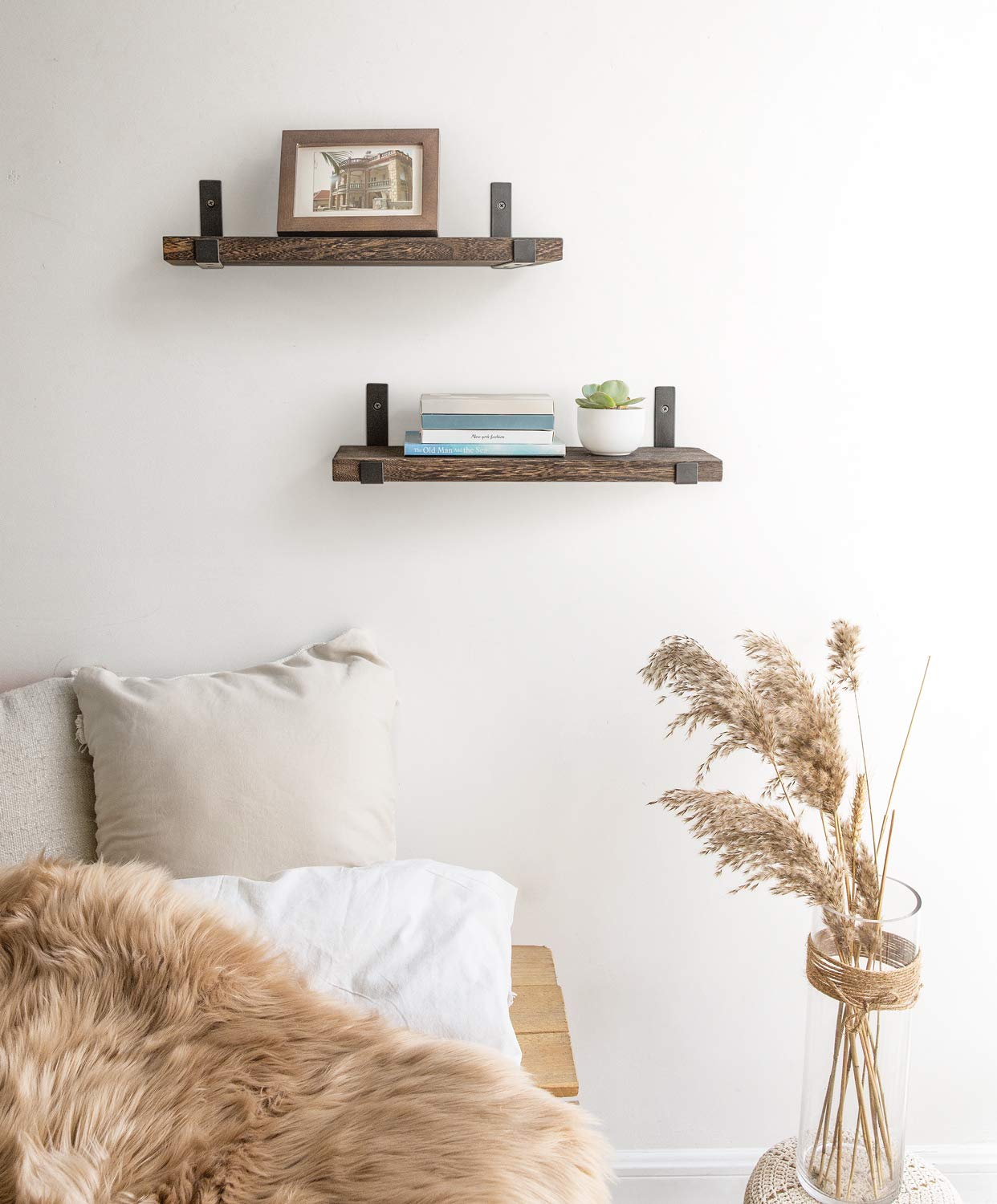 - Mkouo Floating Shelves | Rustic Wall Mounted 60cm Wooden Shelves -