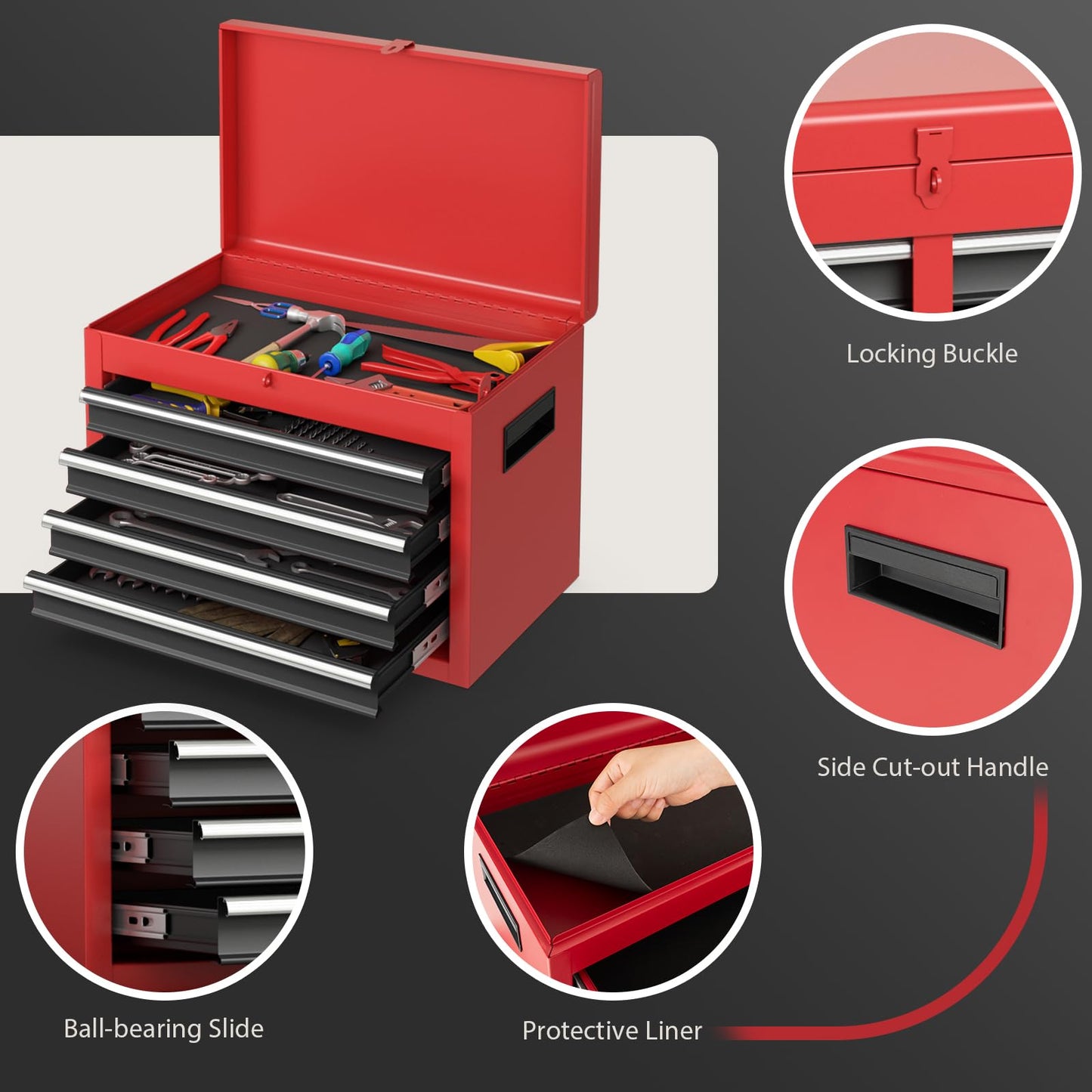 COSTWAY Large Rolling Tool Cabinet, 2-in-1 Detachable Metal Tool Chest with Drawers, Wheel, Handle, Hooks & Pegboard, Lockable Tool Box Trolley for Garage Workshop (with Adjustable Shelf, Red+Black)