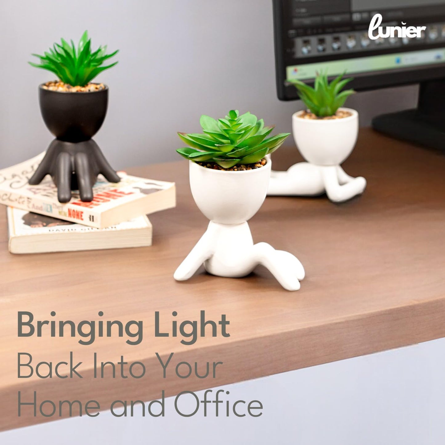 - LUNIER Seated Succulent Set (Set of 3) | Ceramic Human-Shaped Plant Pots With Artificial Succulent Plants –