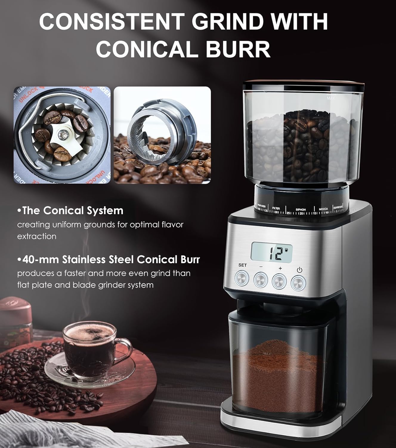 - Homtone Coffee Grinder Electric Conical Burr | Adjustable Coffee Grinder | 51 Precise Settings -