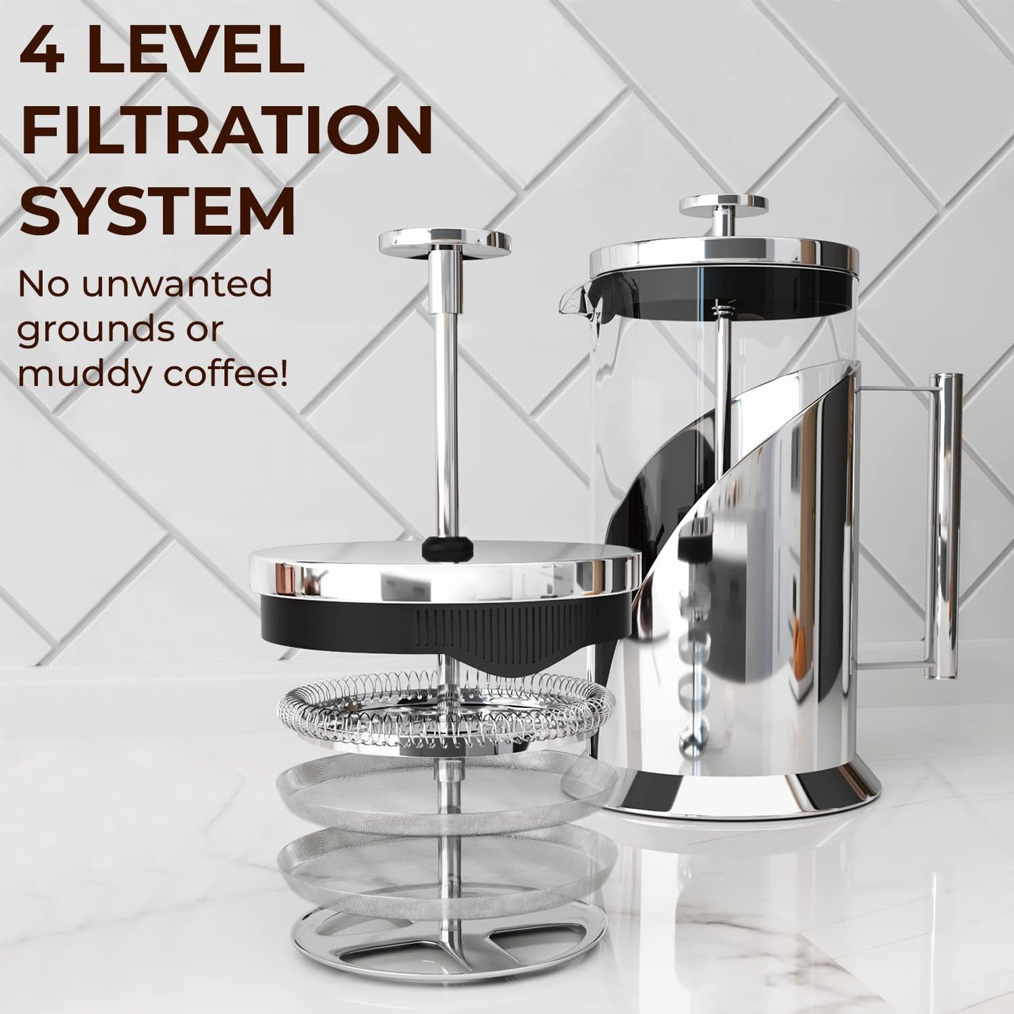 Cafe Du Chateau French Press Coffee Maker, Large Cafetiere - Stainless Steel Coffee Press & Tea Brewer, Coffee Brewer & Plunger, 4-Level Filtration French Press, 34oz