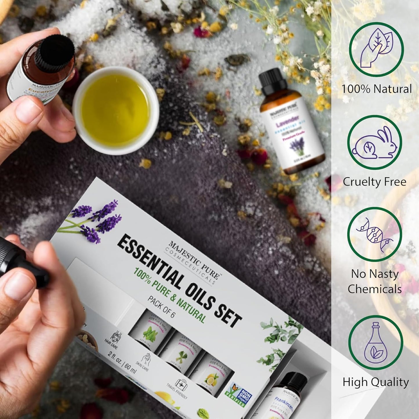 - Majestic Pure 100% Pure Essential Oils Set - 6 x 10ml (Peppermint, Lavender, Eucalyptus, Frankincense, Lemongrass, Lemon) for Diffusers, Aromatherapy, Candles, Humidifiers -