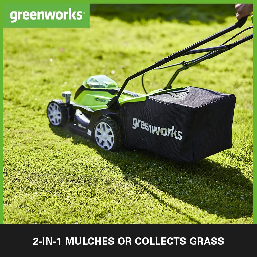 - Greenworks 40V Cordless Lawnmower | 35cm Cutting Width | 40L Bag PLUS Two 40V 2Ah Batteries -