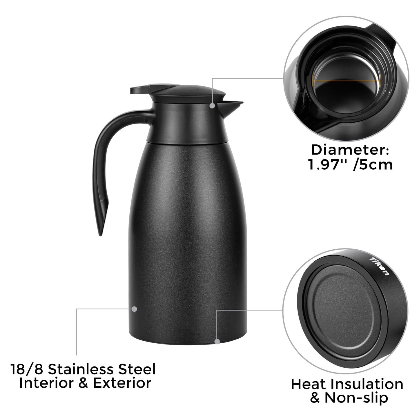 - Tiken 2L Thermal Coffee Carafe Jug | Stainless Steel | Insulated Vacuum Coffee Pot -