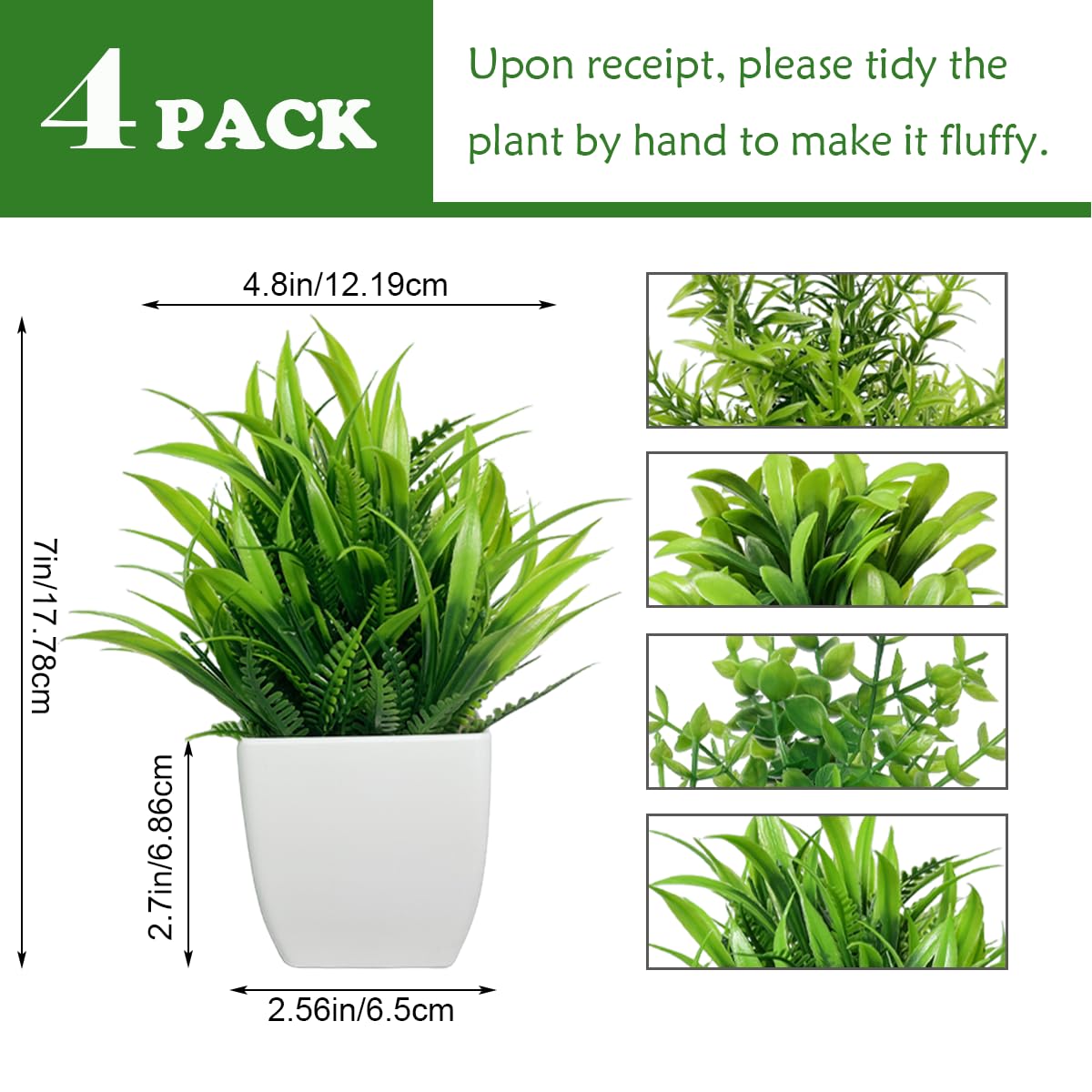Canirologas Artificial Plants Indoor,Small Fake Simulation Plants,Faux Plastic Potted Plants,Creative Decorative Ornaments For Decoration、Bookcase、Balcony、Office、Bathroom(4PCS White)