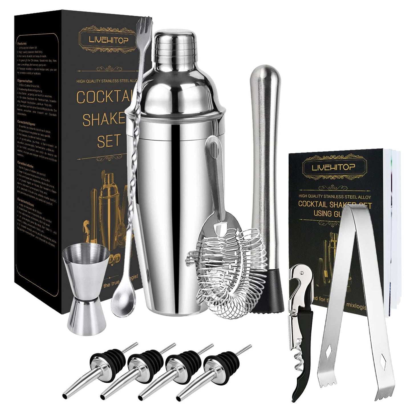 - LIVEHITOP Cocktail Shaker Set | 12 Pieces Cocktail Making Set With 750 ML Cocktail Shaker -
