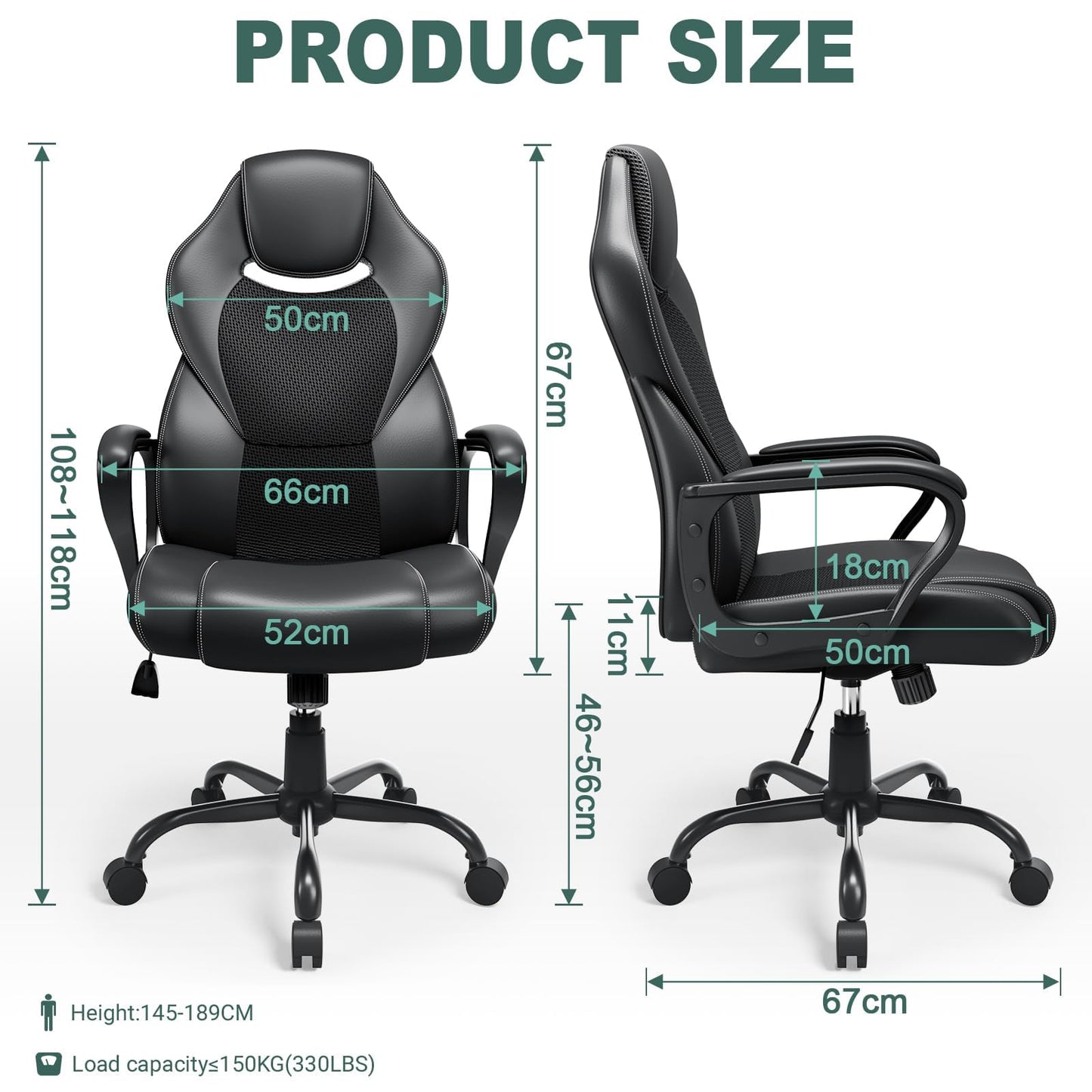 BASETBL Office Chair Executive Chair, High Back Racing Style Ergonomic Swivel Chair for Home Gaming Business, Lumbar Support PU Leather Adjustable Height Durable Comfy Chair Easy to Assemble (Black)