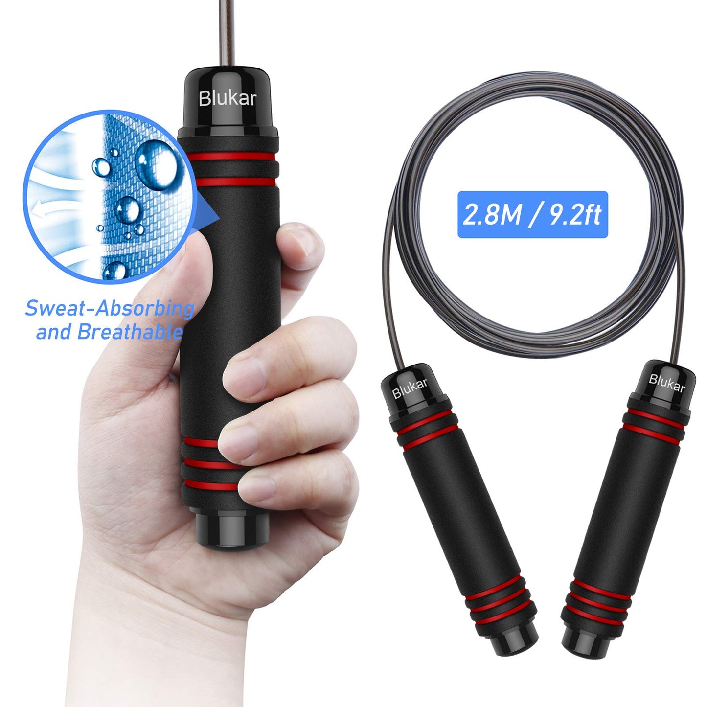 Blukar Skipping Rope, Speed Jump Rope Tangle-free Adjustable Rope with Rapid Ball Bearings & Soft Foam Handle for Fitness Workouts Fat Burning Exercises Boxing - Spare Rope Length Adjuster Included