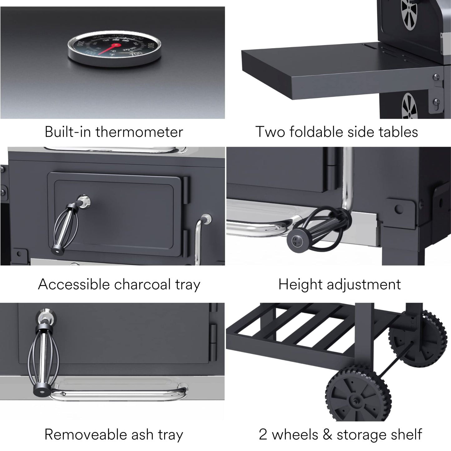 Charcoal BBQ Grill Smoker Stainless Steel with Folding Side Table Shelves, Built-In Thermometer, Wheels, Adjustable Height Outdoor Barbecue BillyOh Kentucky, Black