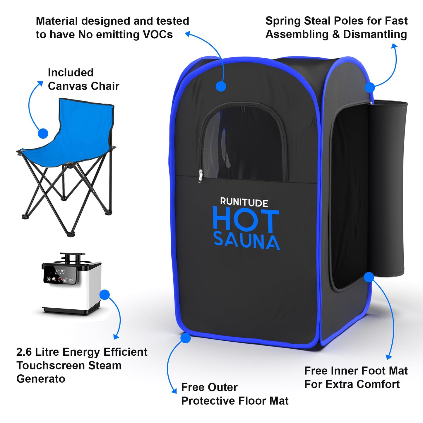 - Runitude Portable Sauna Steam Tent | Full Size Home Personal Sauna Steam Detox Room | Infrared Touchscreen 1000W 2.6 litre Generator -