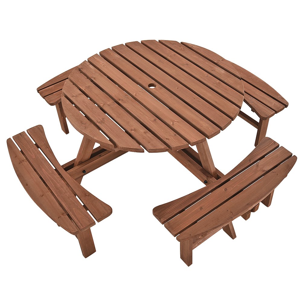 Britoniture 8 Seater Wooden Round Picnic Table and Bench for Garden Pub Patio