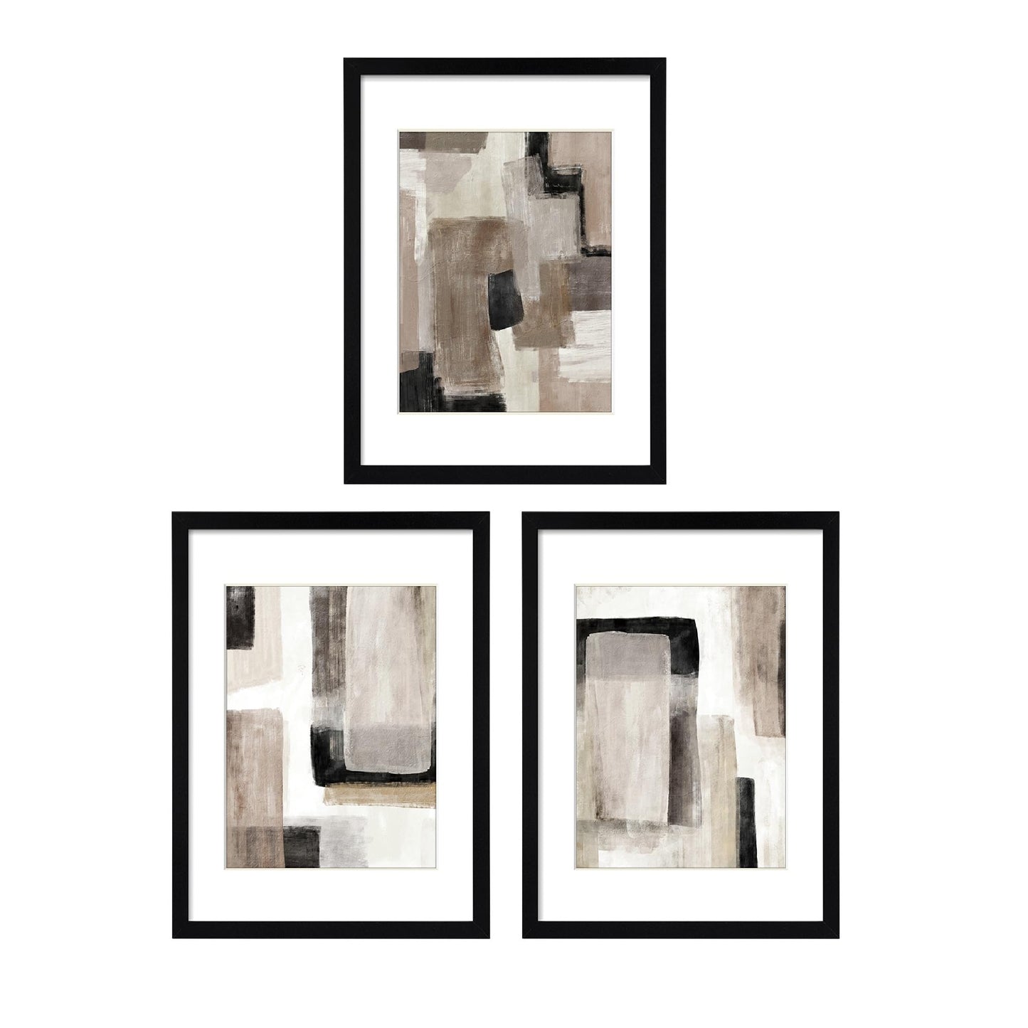 ArtbyHannah Framed Abstract Wall Art 3 Pack 11x14 IN with Brown Black Tan Blocks Prints for Wall Decor with Black Frames 29x36 cm, Extra Art Prints of Botanical Included