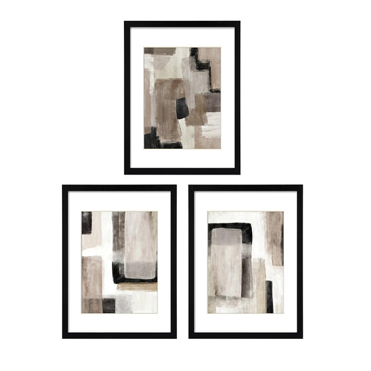 ArtbyHannah Framed Abstract Wall Art 3 Pack 11x14 IN with Brown Black Tan Blocks Prints for Wall Decor with Black Frames 29x36 cm, Extra Art Prints of Botanical Included