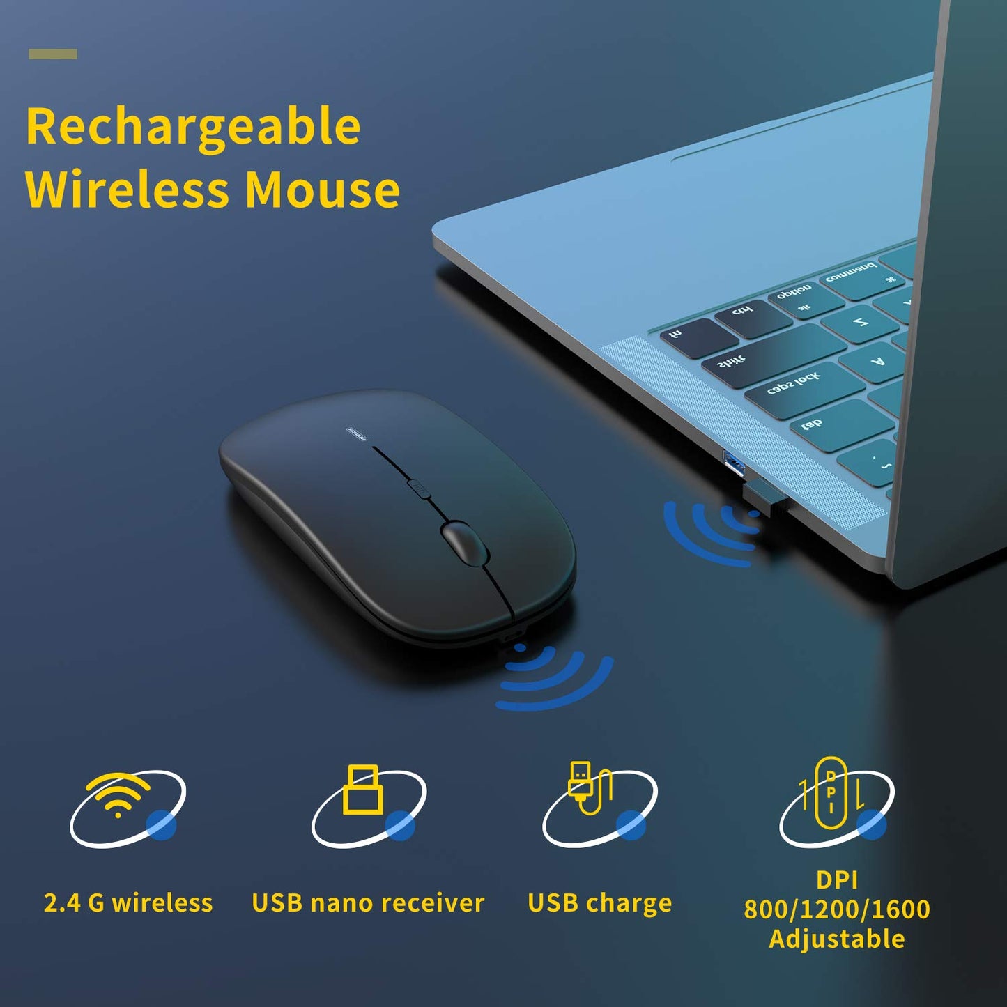 - Wireless Silent ,USB Laptop PC Cordless Mouse Rechargeable Slim Mice by Anmck,10m Remote Range,1600 DPI 3 Adjustment Levels Noiseless Mini Mouse