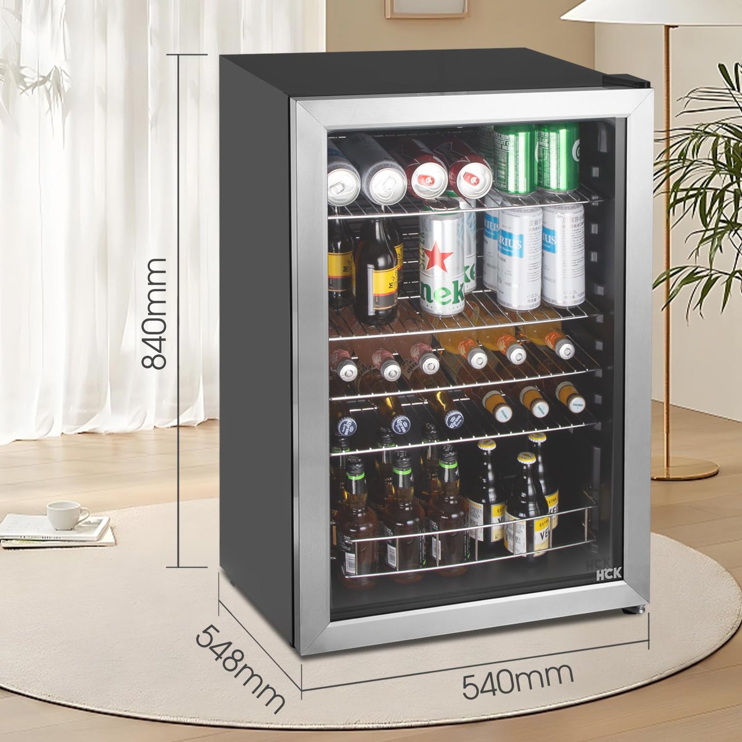 - HCK Beer Fridge | 115L Freestanding Beverage Fridge | Dual-Glazed Glass Door -