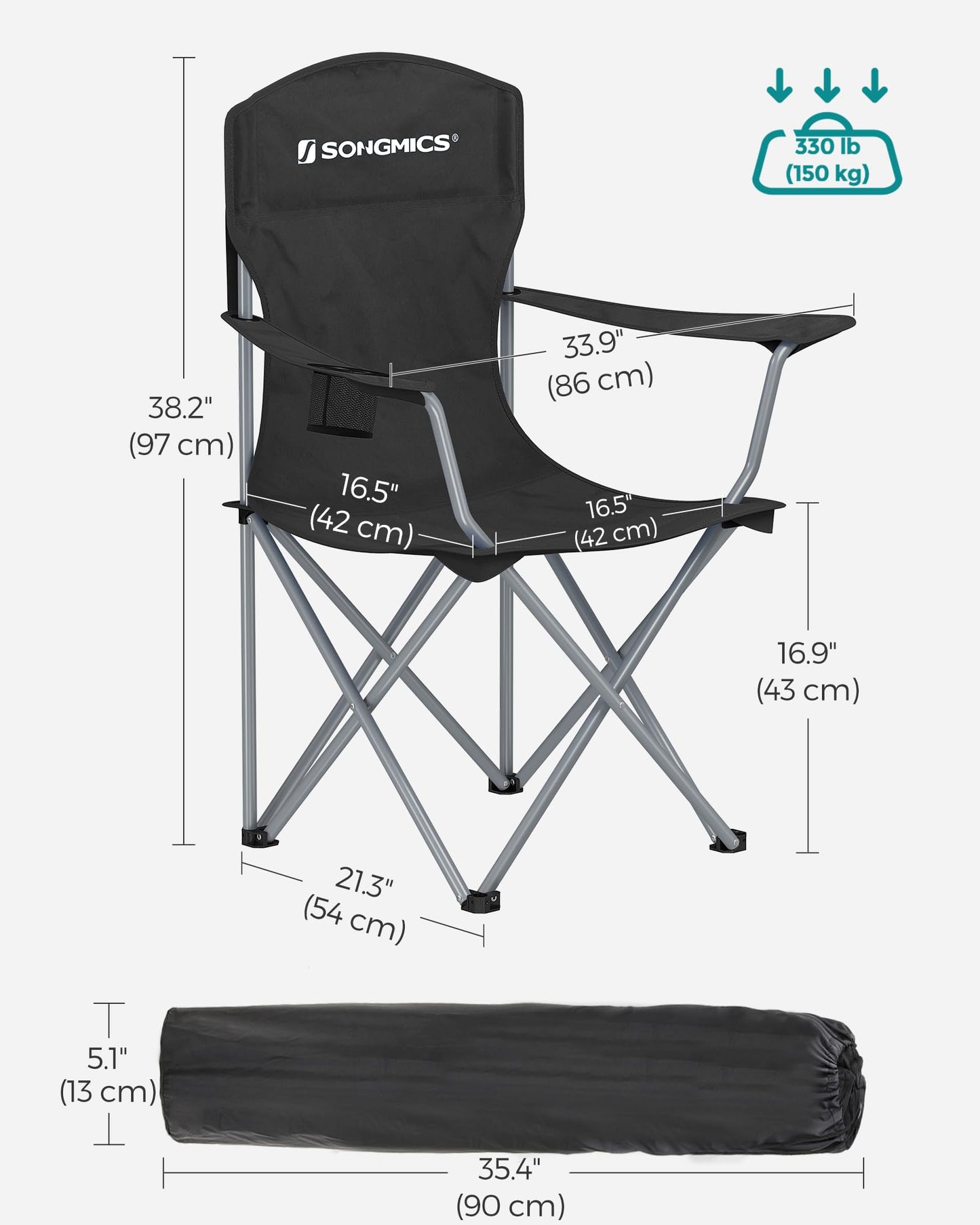 - SONGMICS Set of 2 Folding Camping Chairs | Cup Holder | Heavy Duty Structure | Max. Load Capacity 150 kg | Black -