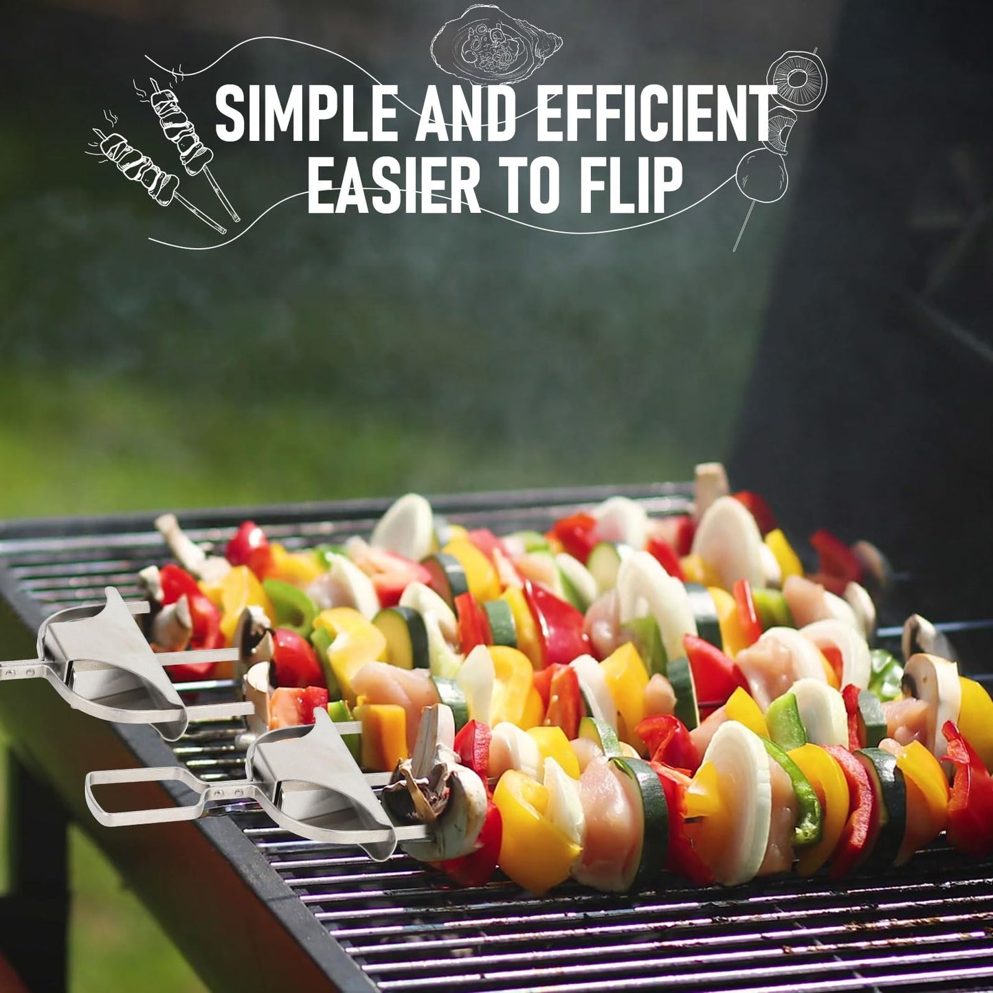 2Pcs 3 Way Skewers for Grilling, Stainless Steel BBQ Skewers with Push Bar Slider, Reusable Kebab Skewers BBQ Accessories with Oil Brush and Oxford Bag