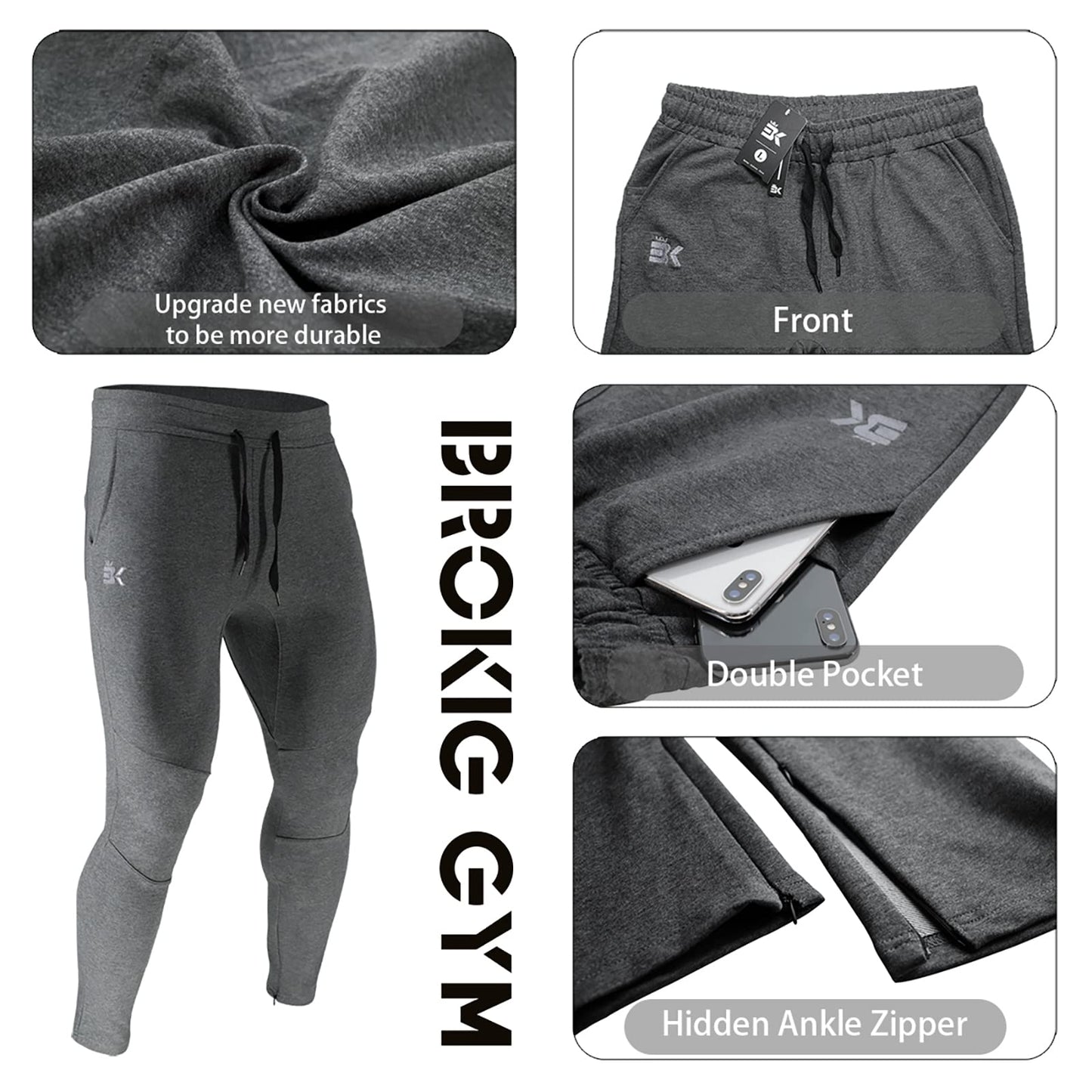 BROKIG Mens Gym Joggers Sweatpants, Causal Slim Fit Running Trousers Tracksuit Jogging Bottoms with Double Pockets(Small,Grey)