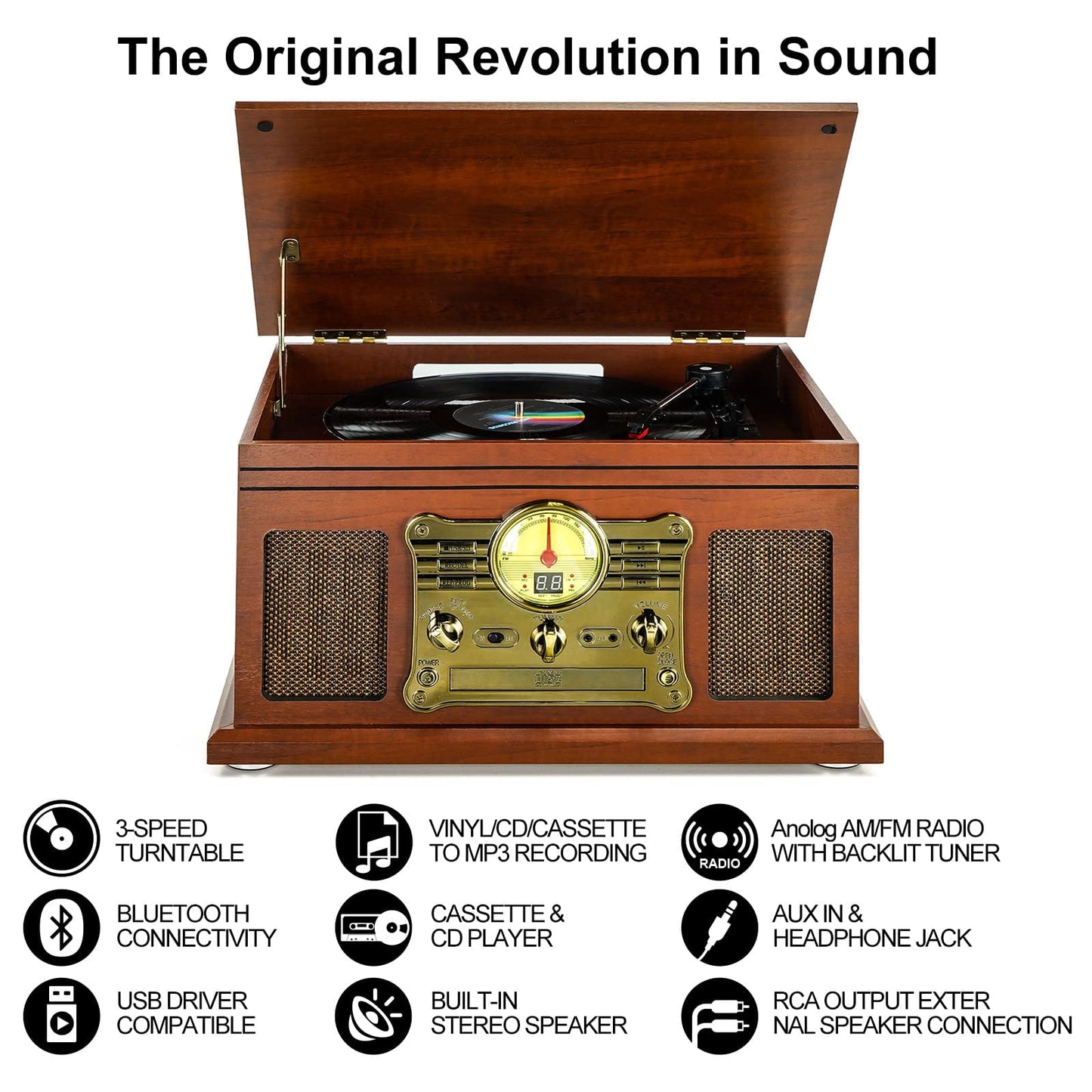 - 10-in-1 Bluetooth Record Player Multifunctional 3-Speed Turntable for Vinyl Record with Stereo Speaker,LP Vinyl to MP3 Converter with CD, Cassette Player,FM Radio,Wireless Music Streaming | Mahogany