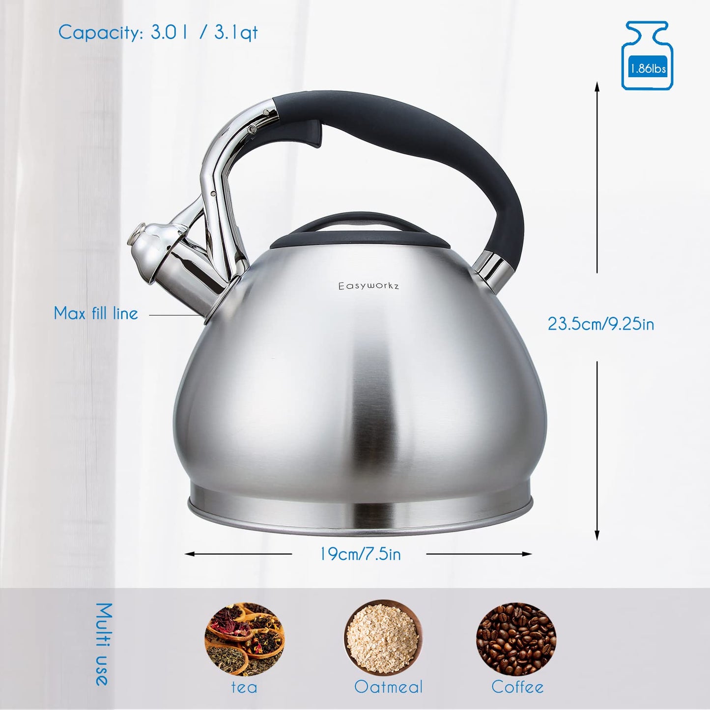 - Easyworkz Whistling Stovetop 3.0l Tea Kettle -