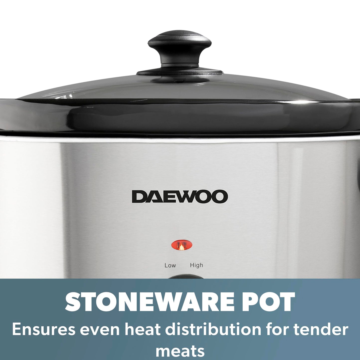 Daewoo SDA1788 6.5L Slow Cooker | Stainless Steel | 3 Heat Settings | Dishwasher Safe Pot & Lid | Power Indicator | Useful Carry Handles | Raised Feet | Manual Temperature Control | 300W, Grey