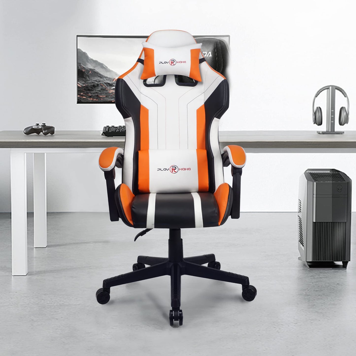- T-THREE | Ergonomic Leather Gaming Chair | Height Adjustable with Headrest and Lumbar Support | Orange -