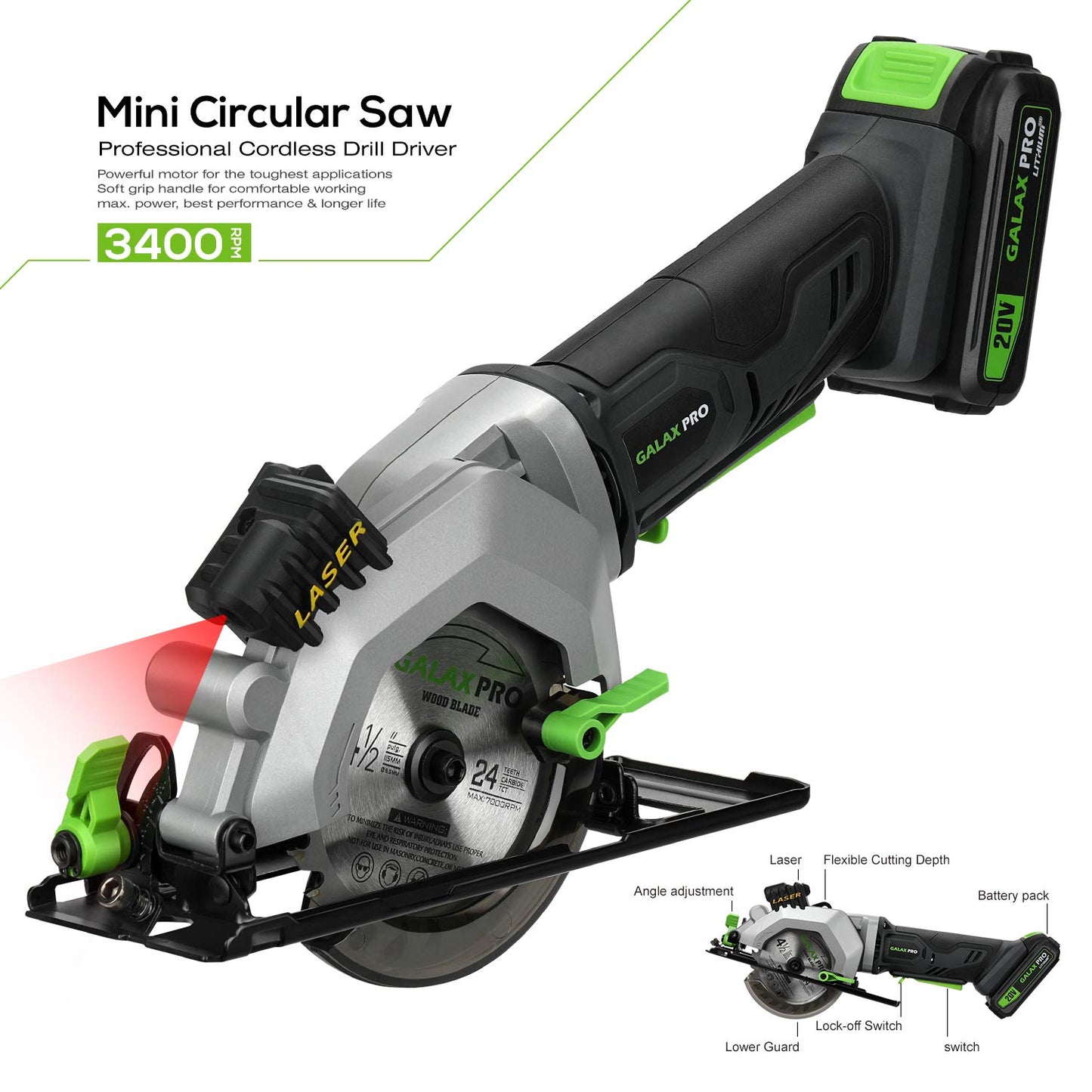 - GALAX PRO Mini Circular Saw | 20V 3400RPM Professional Cordless Circular Saw | Adjustable Angle and Depth | Max Cutting Depth 42.8mm (90°) | 28mm(45°) | Laser Guide | Blade 115mm -