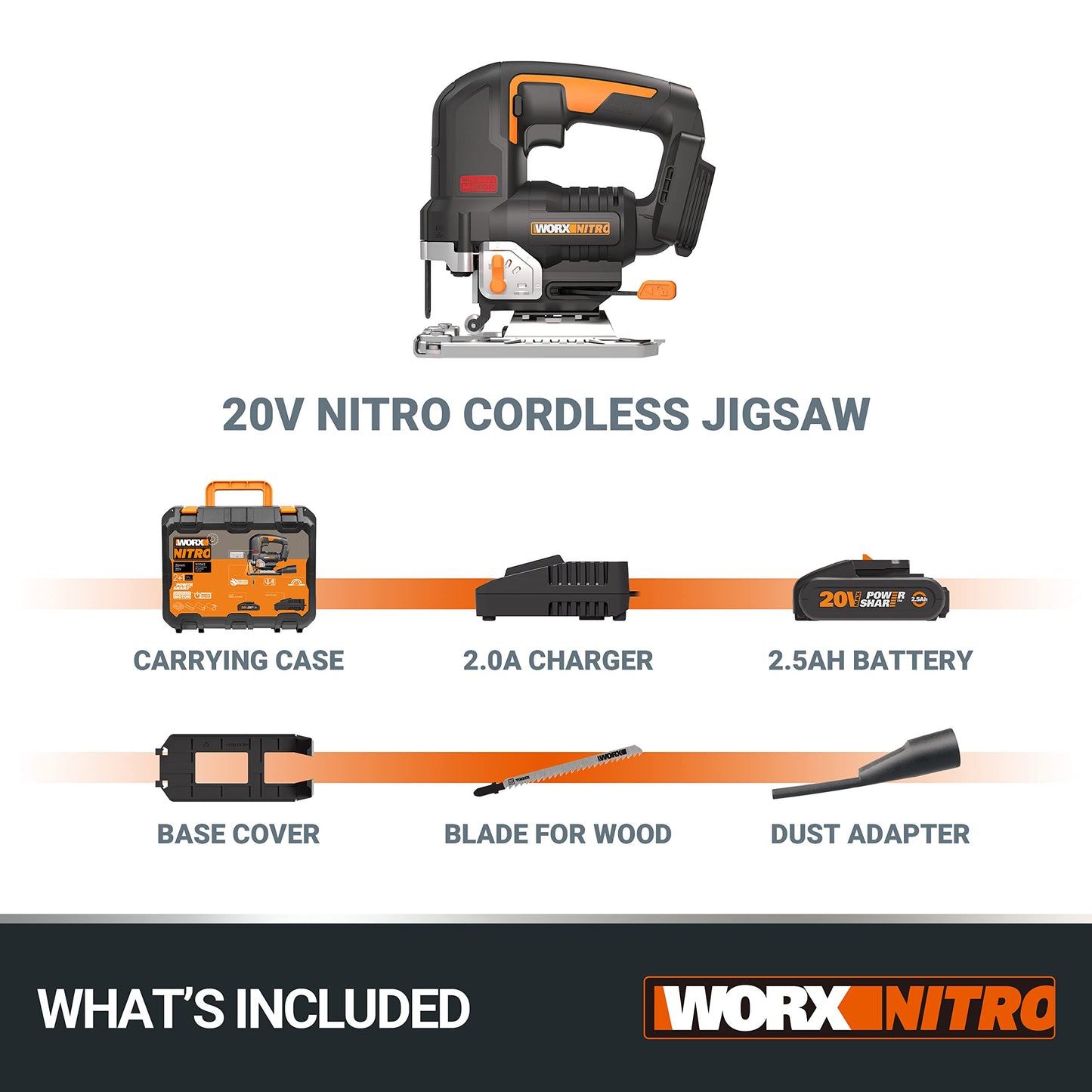 - WORX Nitro 18V(20V Max) Cordless Brushless Jigsaw WX542 Jig Saw, 3500spm, Maximum in Wood 120mm/steel 10mm, 26 mm Stroke Length, 45 °Bevel Capacity, PowerShare, 1 * 2.5Ah Battery & 1 * 2A Charger