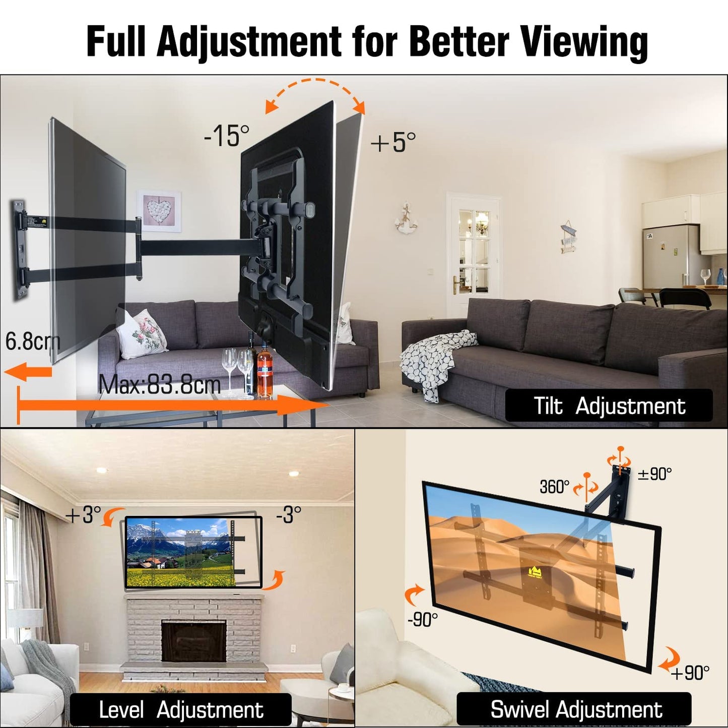 - FORGING MOUNT Long Reach TV Wall Bracket Corner TV Bracket Wall Mount for 32"-75" TVs 84cm of Smooth Extension Plus Swivel Tilt Full Motion Adjustable TV Mounting Bracket holds 45kg Max VESA 600X400mm -