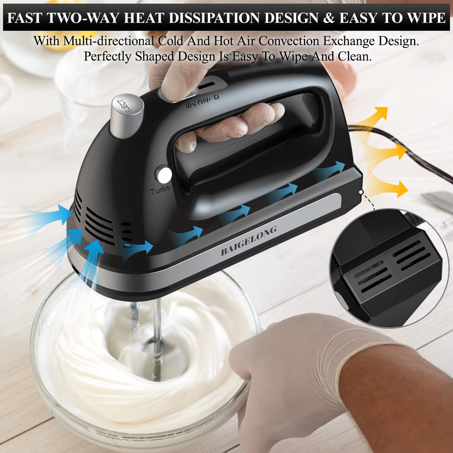 BAIGELONG Hand Electric Mixer, 300W Ultra Power Food Kitchen Mixer with 5 Self-Control Speeds + Turbo Boost, 5 Stainless Steel Attachments Handheld Mixer for Baking, BLACK