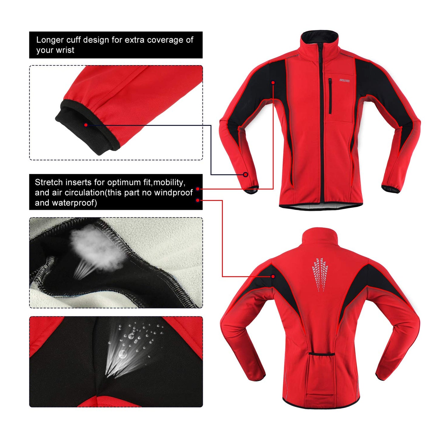 ARSUXEO Cycling Jacket Mens Waterproof Windproof Softshell Winter Thermal Breathable Bike Outerwear 15K Red Size Large