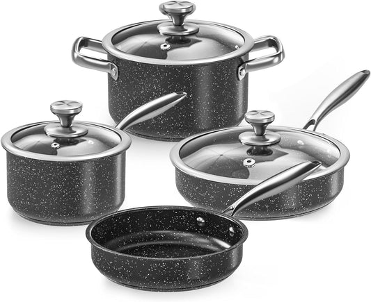 - Stainless Steel Pots and Pans Set | 7-Piece Nonstick Granite Induction Hob Pan Set | Frying Pans & Saucepans | Black -