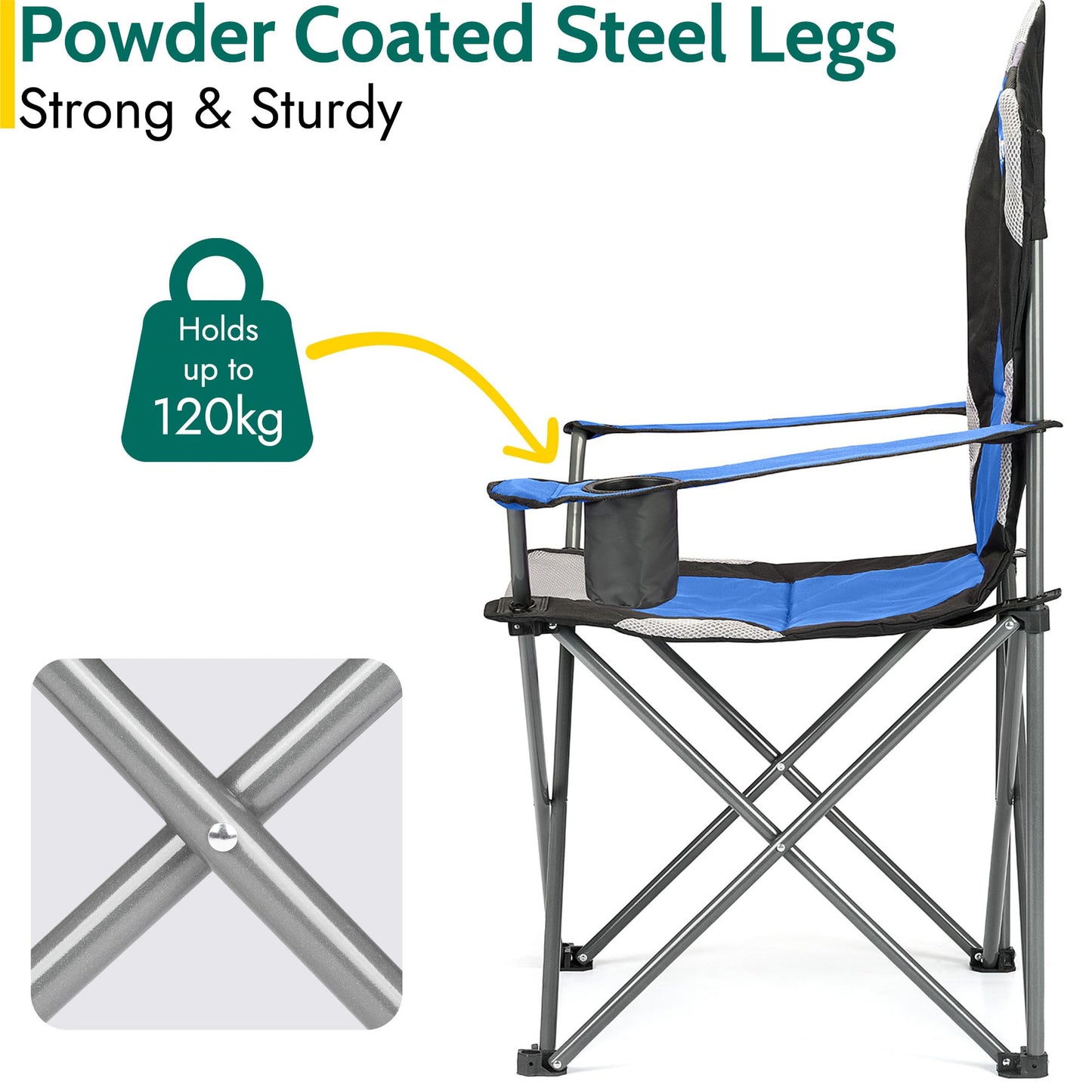 - Trail High Back Folding Camping Chair | Luxury Padded Seat | Heavy Duty Tubular Steel -