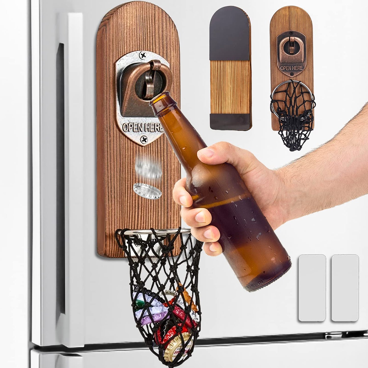 - ZONSUSE Magnetic Bottle Openers with Netting Catcher, Wall Mounted Wooden Beer Bottle Opener