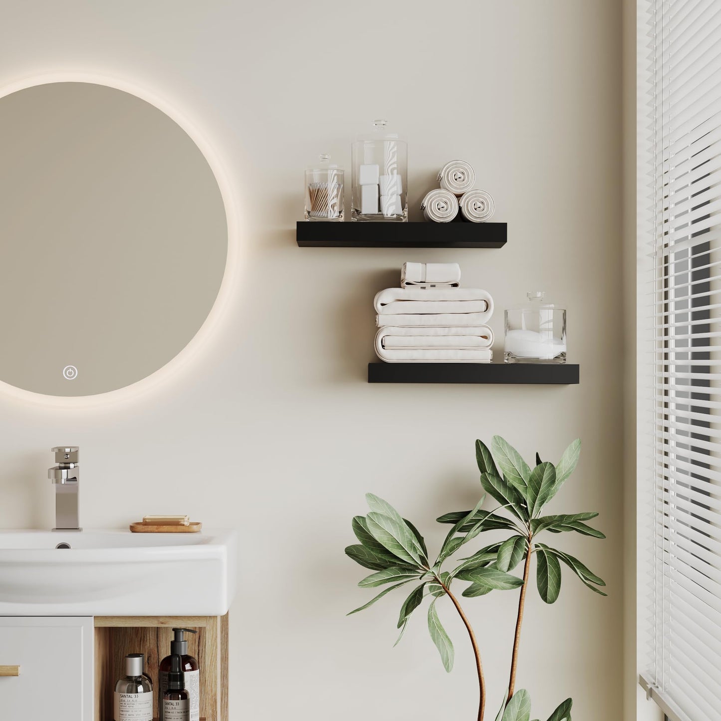 BONTEC Wood Floating Shelves Set of 2, 40cm Bathroom Wall Shelves up to 10kg, Wall Mounted Farmhouse Décor for Bathroom, Bedroom, Living Room and Kitchen, Office, etc (Black)