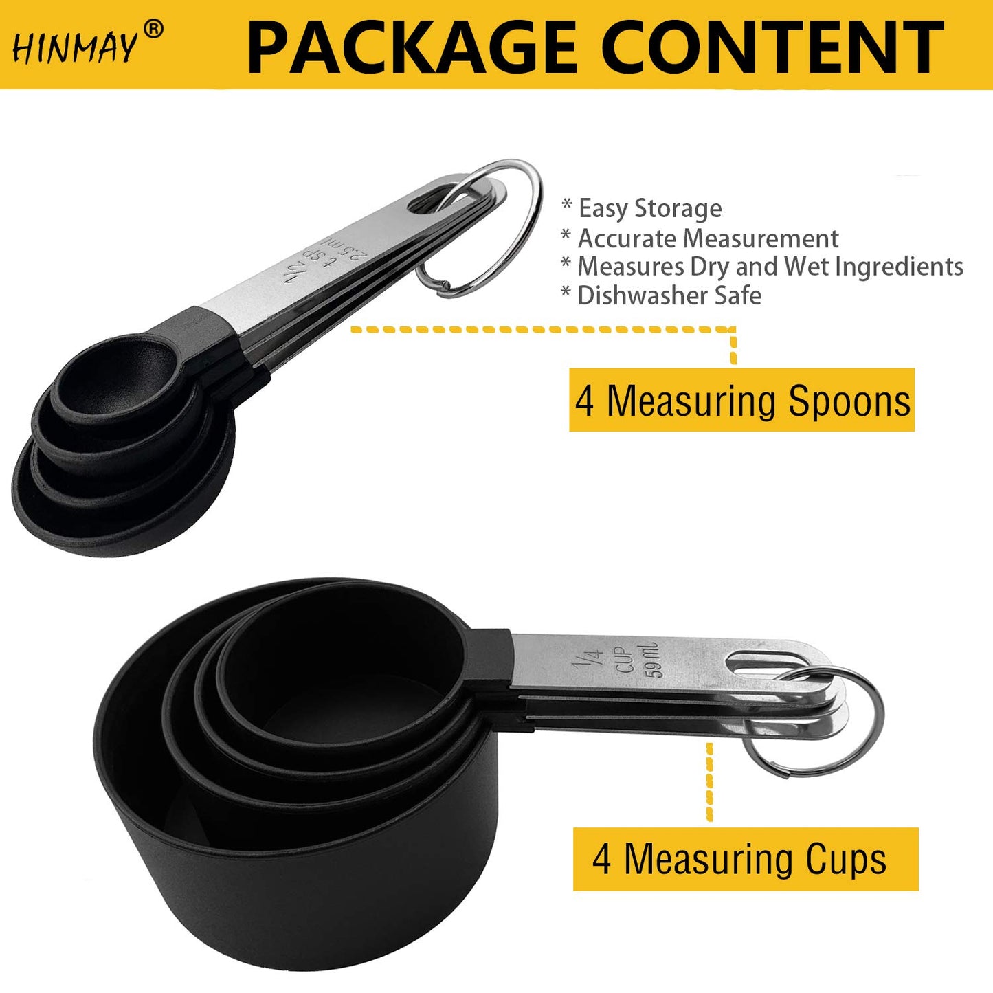 - HINMAY 8-Piece Measuring Cups and Spoons | Kitchen Nesting Measurement Tools for Liquids and Solids -