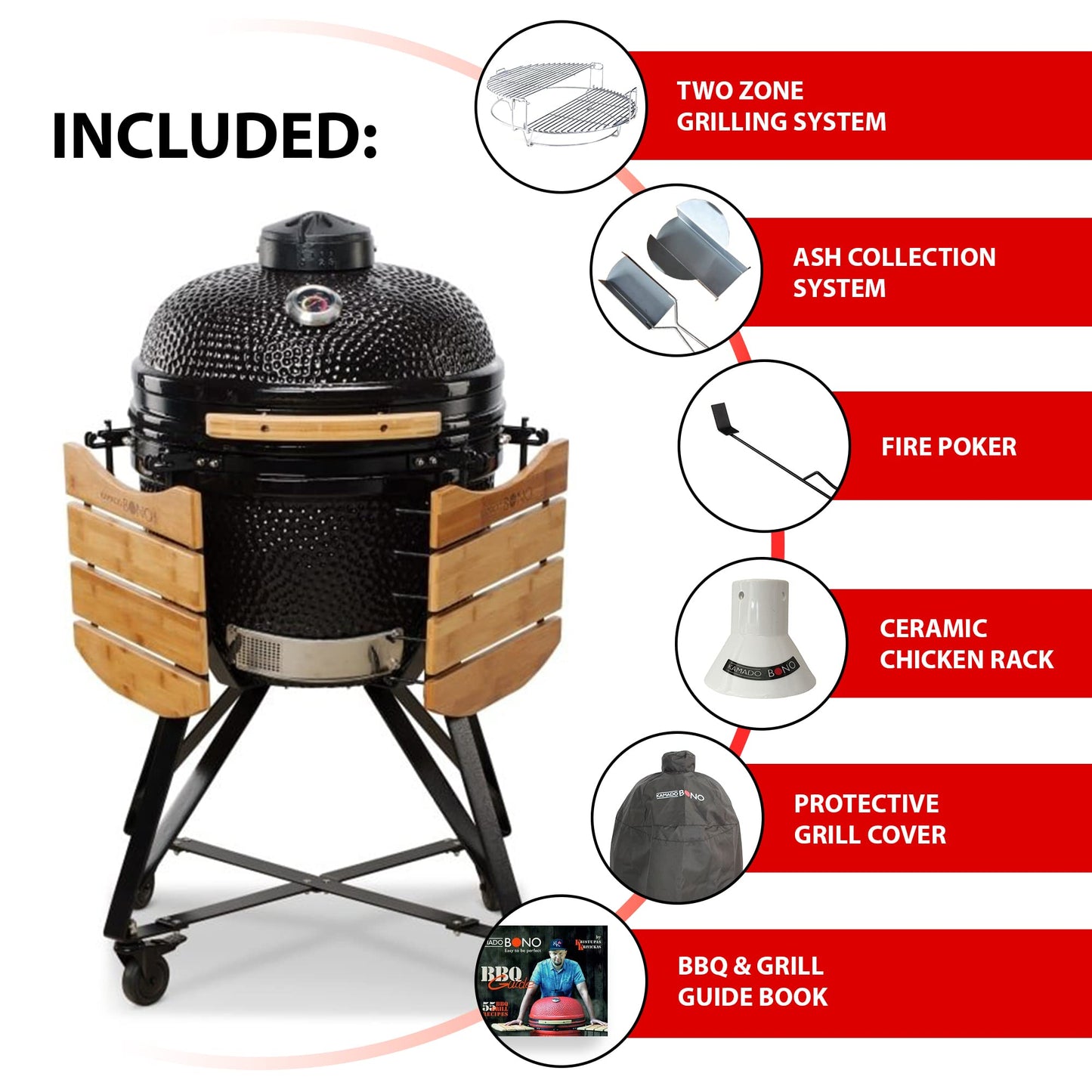 - KAMADO BONO Ceramic BBQ Grill | 20" | Kamado BBQ Charcoal Grill With Dual Zone Grilling System -