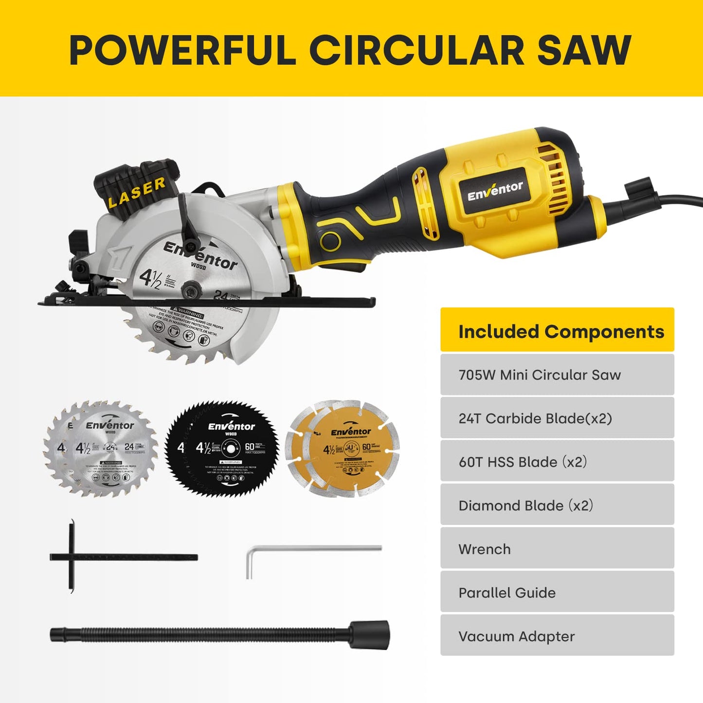 - Enventor Mini Circular Saw | 705W 3500RPM Pure Copper Motor Compact Electric Circular Saw | Laser Guide -