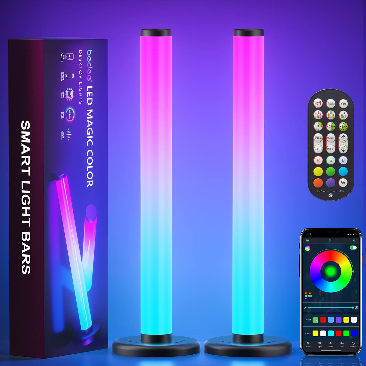bedee Smart LED Light Bars, 360° Upgrade RGB Light Bars, Ambient Lighting with DIY/Music Sync/ 8 Scene Modes, Gaming Lights LED TV Backlight with App Control, Colour Changing Light Bars for Bedroom