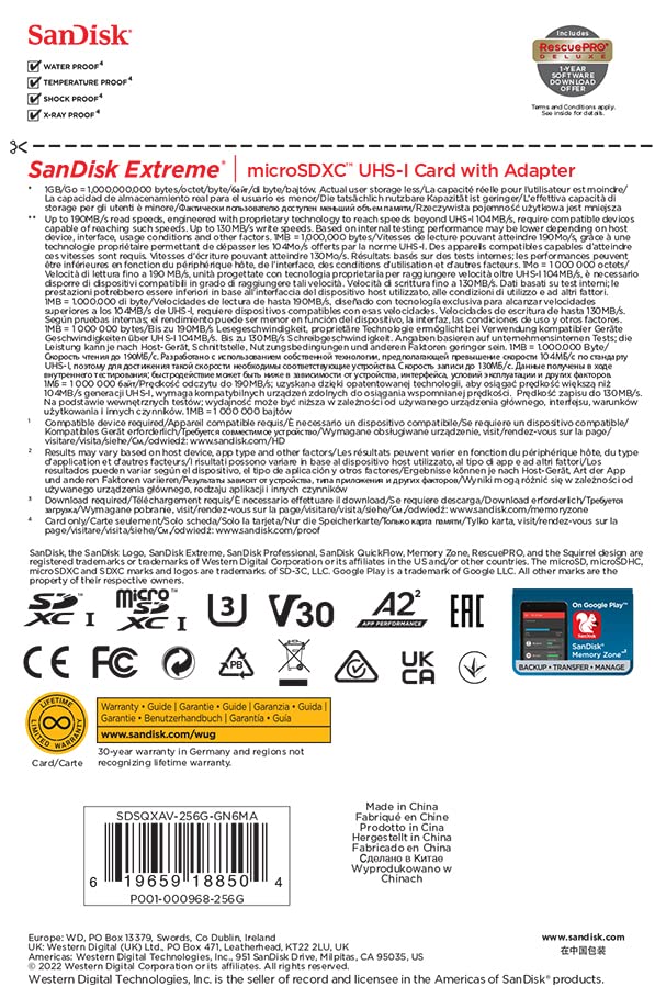 - SanDisk 256GB Extreme microSDXC card | SD adapter | RescuePRO Deluxe -