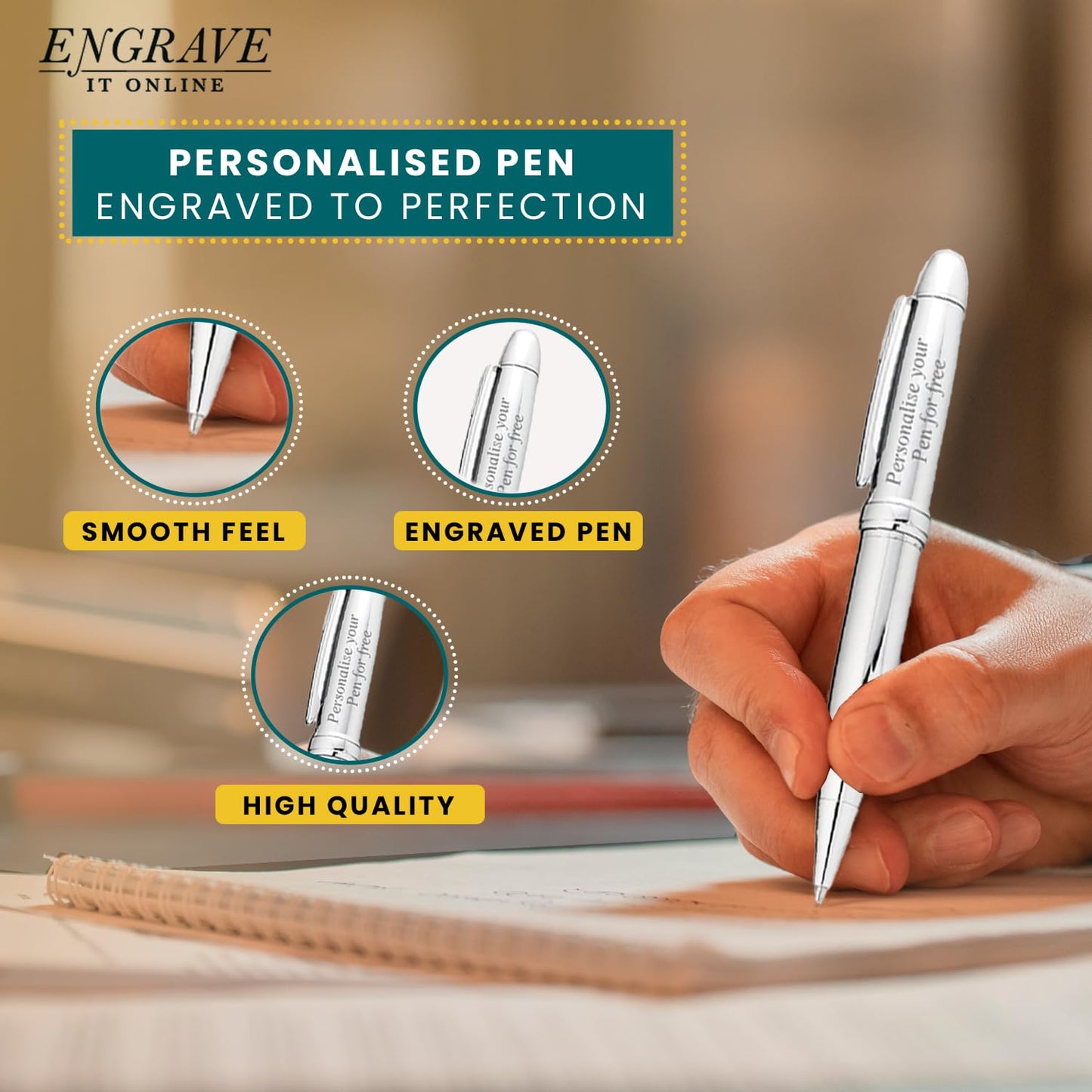 - EIO Gifts Personalised Pen | BallPoint Silver Pen in Chrome Case | Engraved -