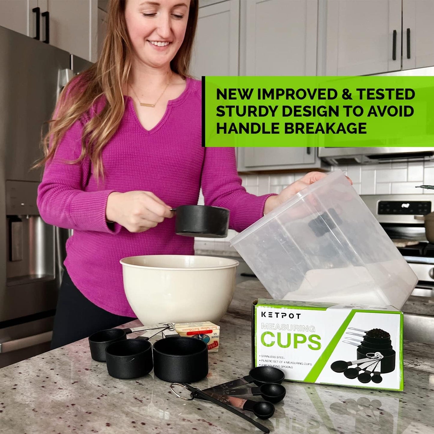 - KETPOT 9 Pcs Measuring Cups and Spoons Set | 4 Measuring Cups / 4 Measuring Spoons & 1 Leveler -