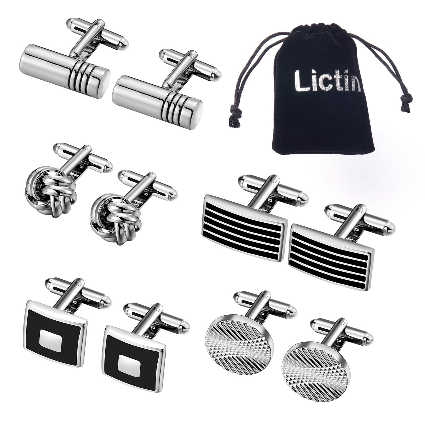 - Lictin Men's Cufflinks Cuff Links for Men | 5 Pairs Stainless Steel Classic Tone Cufflinks -